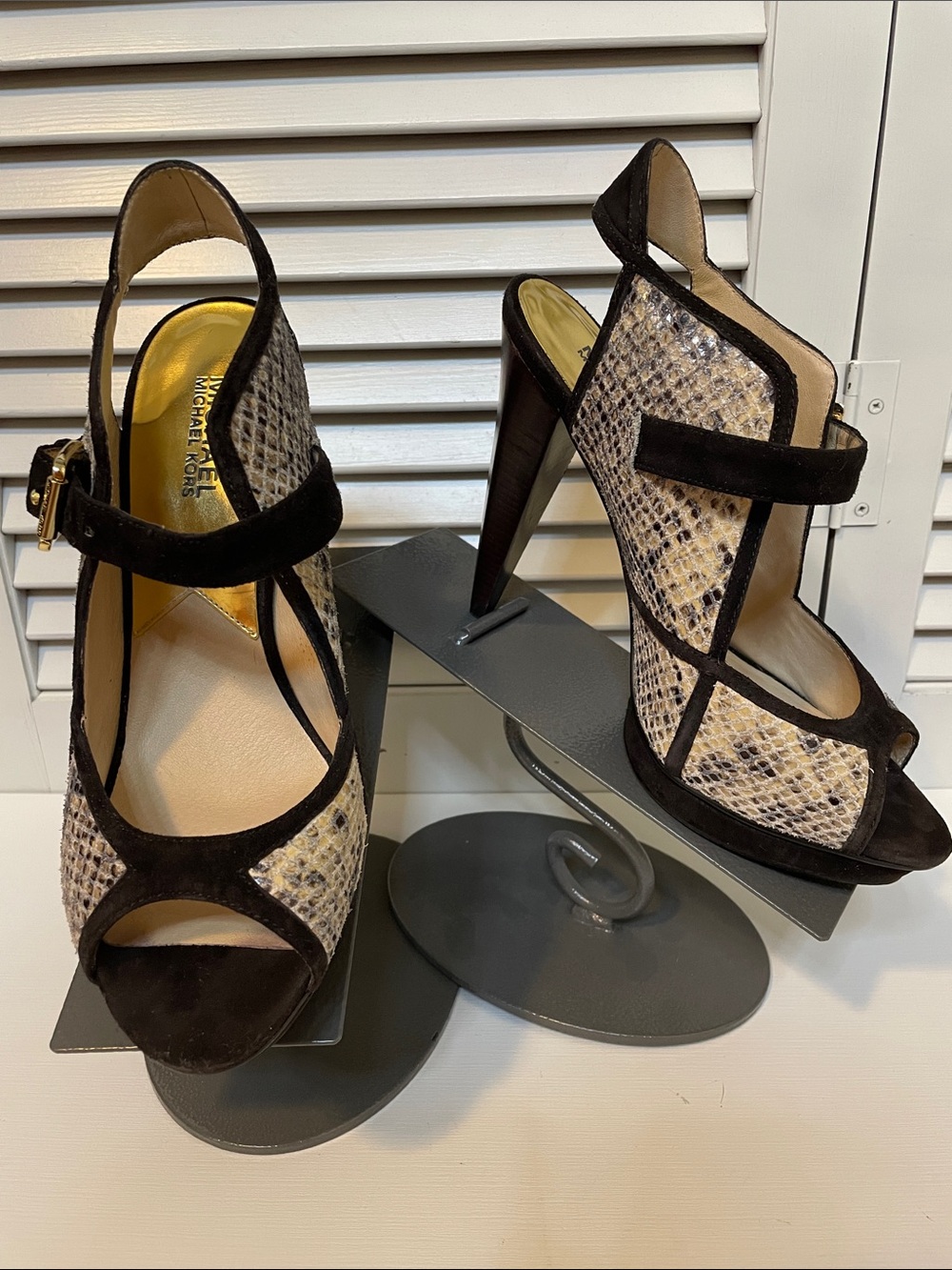 Michael Kors Black and Beige Snake-Print Suede Slingback Heels
